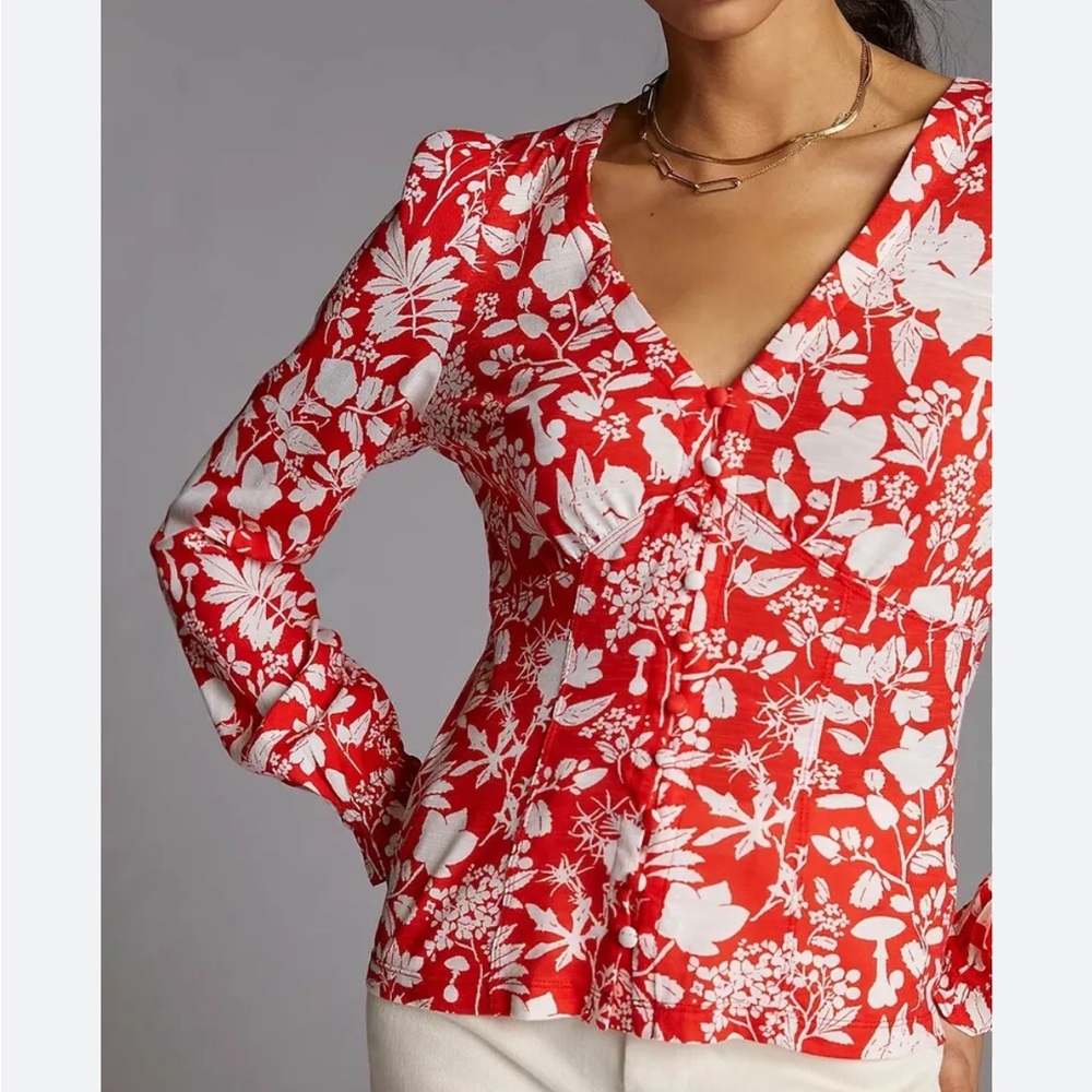 Maeve Seamed V-Neck Woodland Blouse